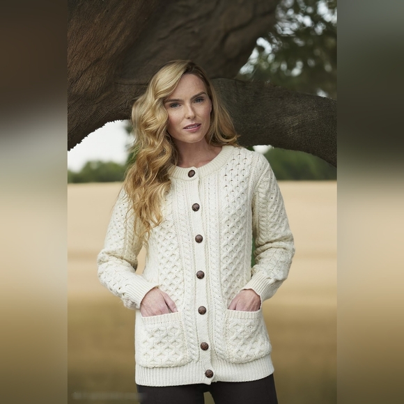 Vintage Aran Irish Boyfriend Crew Neck Cardigan Designer - Picture 2 of 7